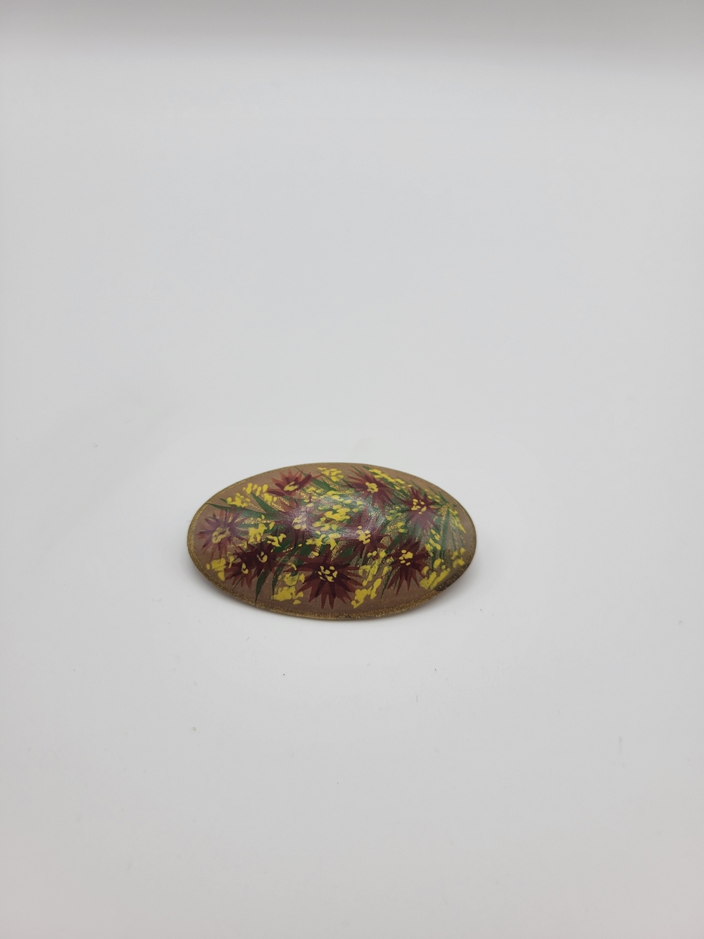 Vintage wooden Hand-Painted Floral Tan Brown Signed Russian Lacquer Brooch